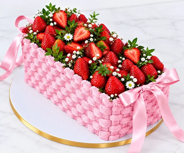 Pink woven-look cake topped with fresh strawberries and a satin ribbon